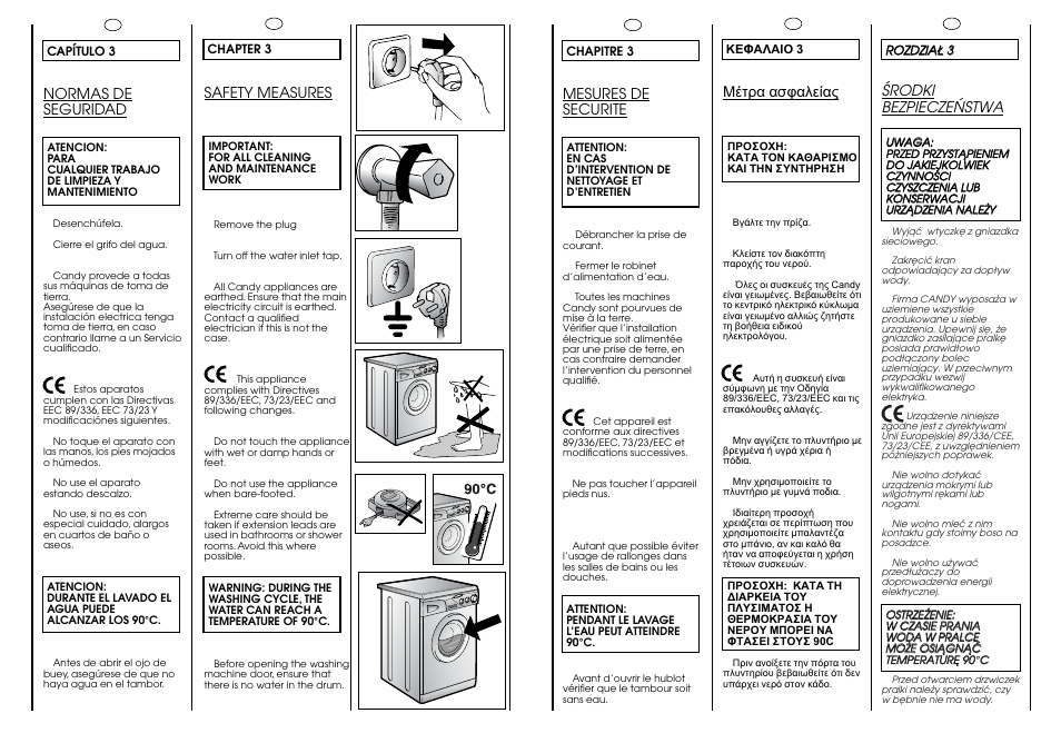 Mesures de securite, Érodki bezpieczeñstwa, Safety measures | Normas de seguridad | Candy CJ 463 User Manual | Page 6 / 33