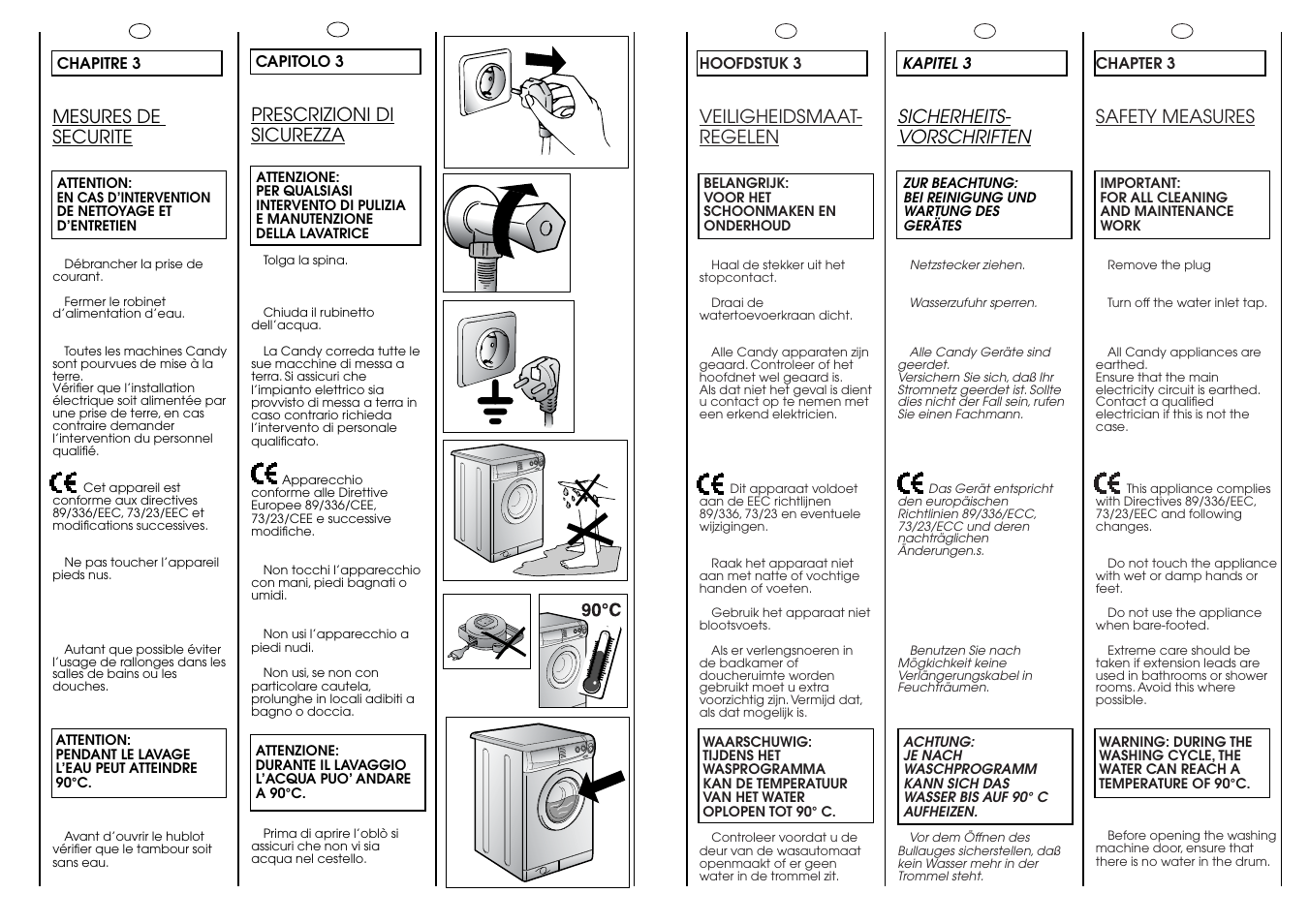Mesures de securite, Sicherheits- vorschriften, Safety measures | Veiligheidsmaat- regelen, Prescrizioni di sicurezza | Candy CB 1024 T User Manual | Page 6 / 33