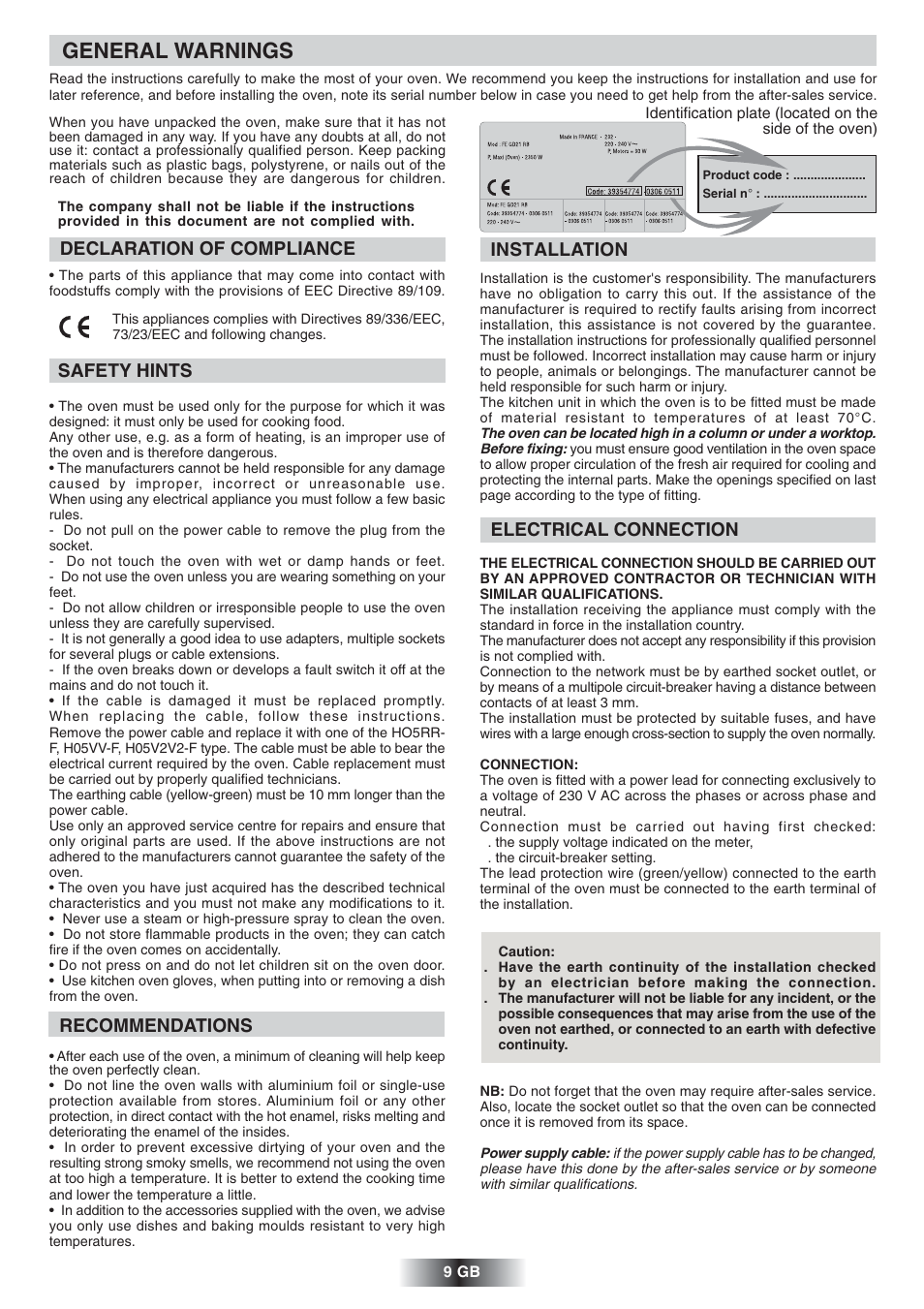 General warnings, Declaration of compliance, Safety hints | Recommendations, Installation, Electrical connection | Candy FS 828 ZEN User Manual | Page 10 / 58