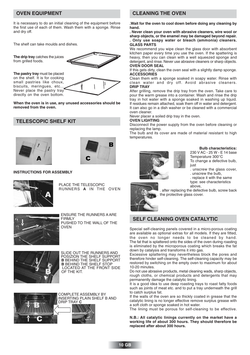 Cleaning the oven, Self cleaning oven catalytic, Oven equipment | Telescopic shelf kit | Candy FS 828 ZEN User Manual | Page 11 / 58