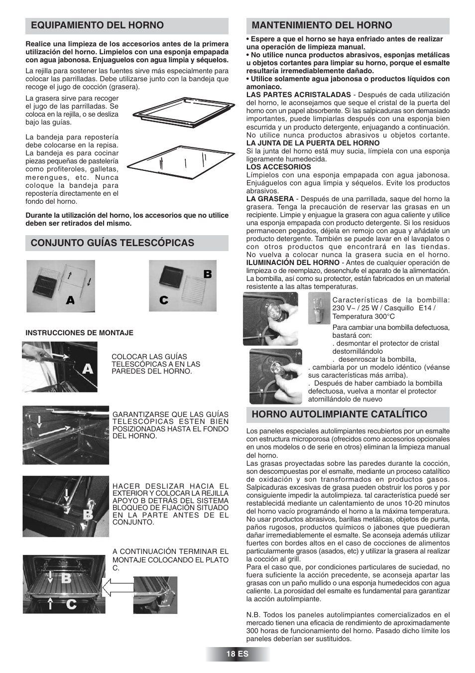 Mantenimiento del horno, Horno autolimpiante catalítico, Equipamiento del horno | Conjunto guías telescópicas | Candy FS 828 ZEN User Manual | Page 19 / 58