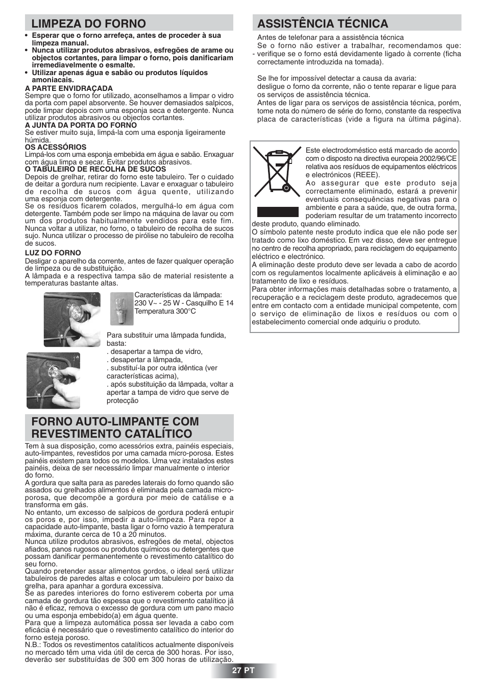 Forno auto-limpante com revestimento catalítico, Limpeza do forno, Assistência técnica | Candy FS 828 ZEN User Manual | Page 28 / 58