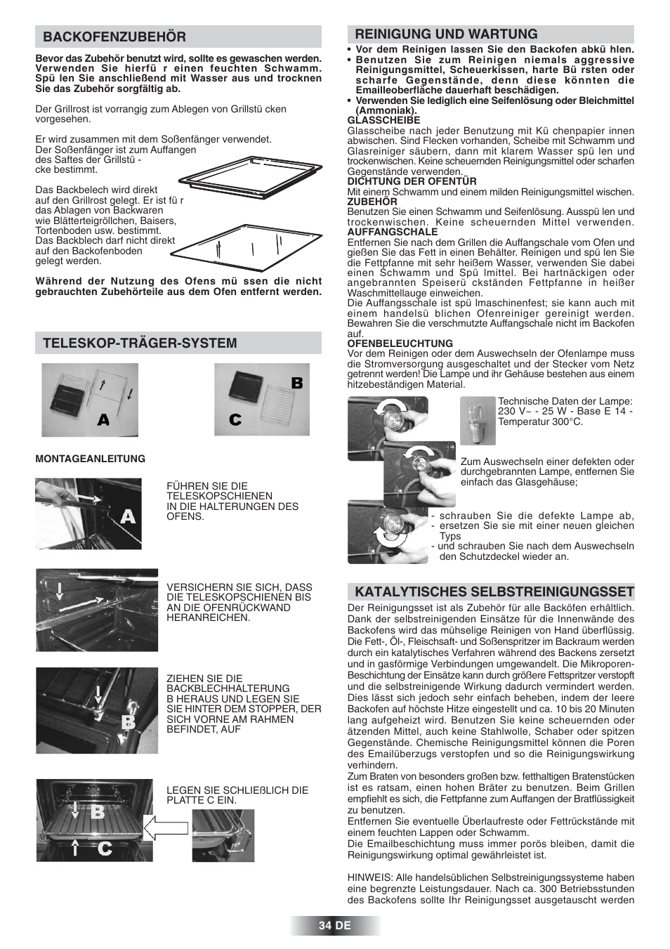 Backofenzubehör, Teleskop-träger-system, Katalytisches selbstreinigungsset | Reinigung und wartung | Candy FS 828 ZEN User Manual | Page 35 / 58