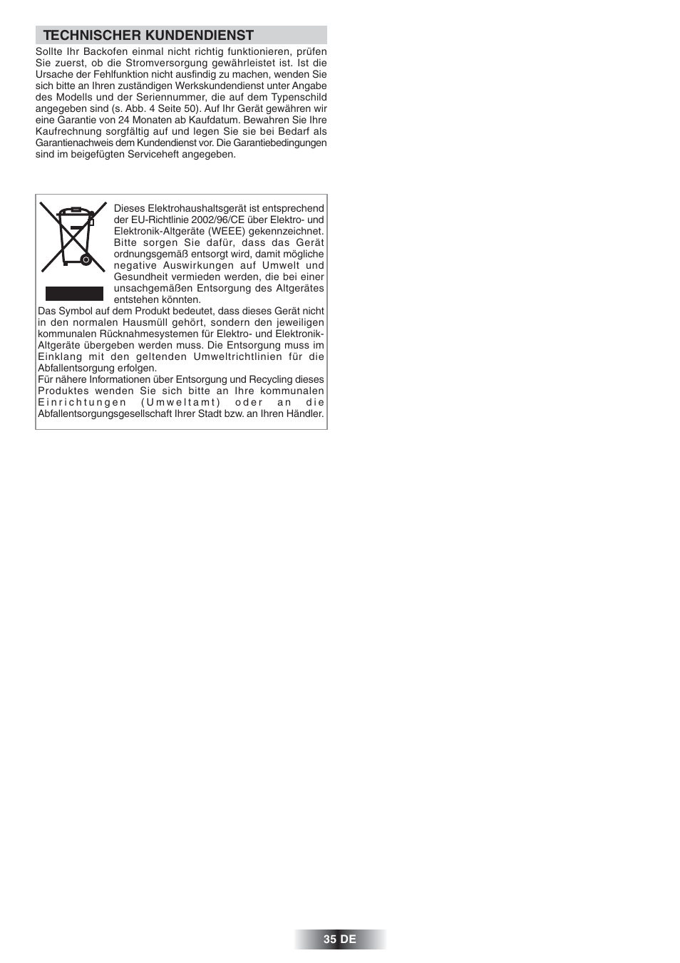Technischer kundendienst | Candy FS 828 ZEN User Manual | Page 36 / 58