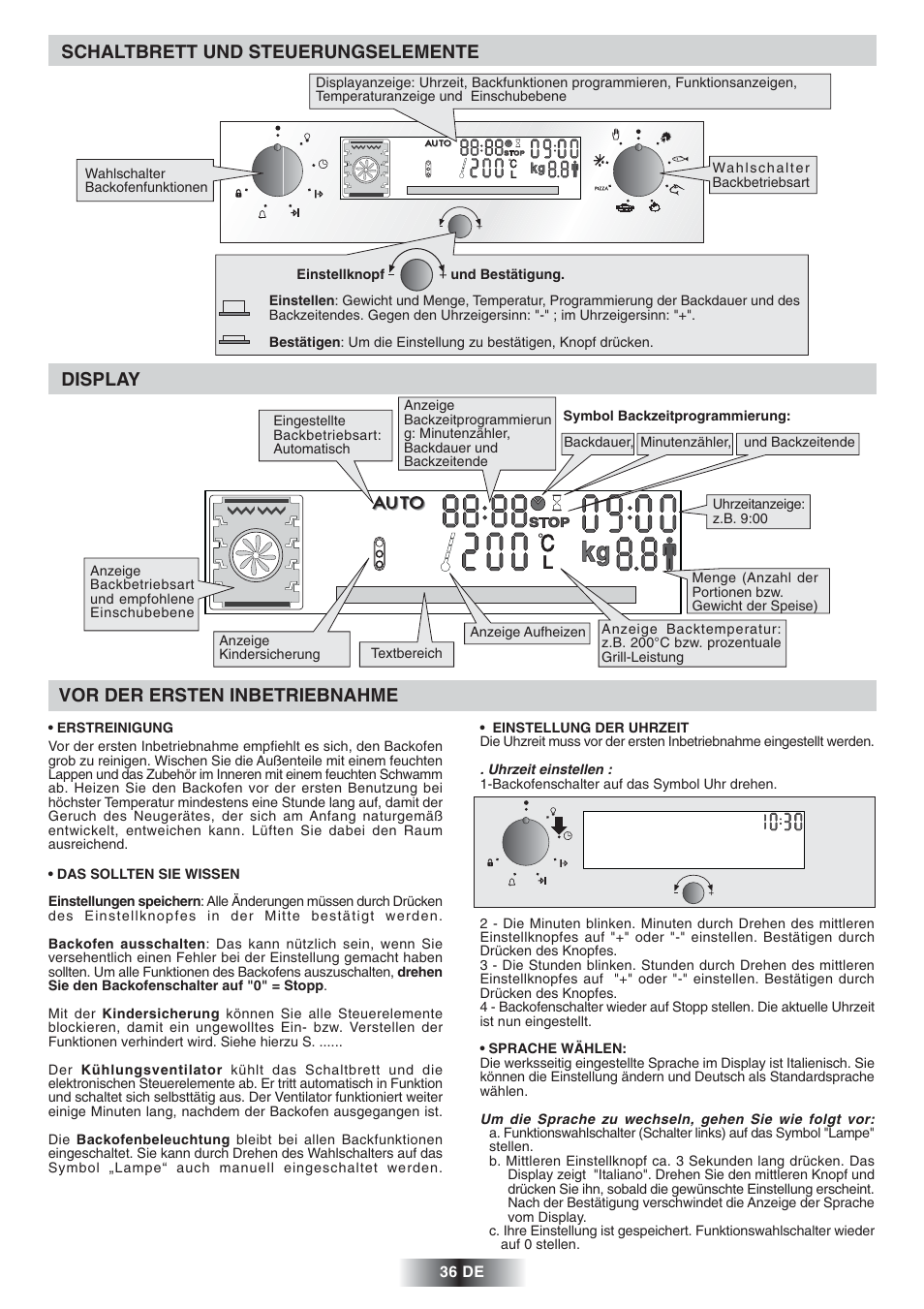 Schaltbrett und steuerungselemente, Display vor der ersten inbetriebnahme | Candy FS 828 ZEN User Manual | Page 37 / 58