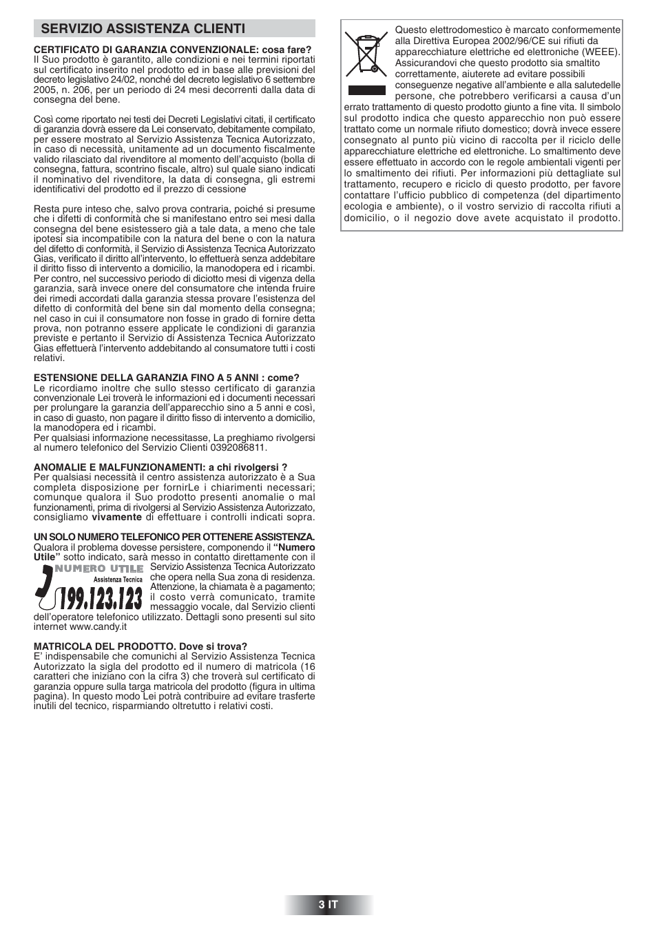 Servizio assistenza clienti | Candy FS 828 ZEN User Manual | Page 4 / 58