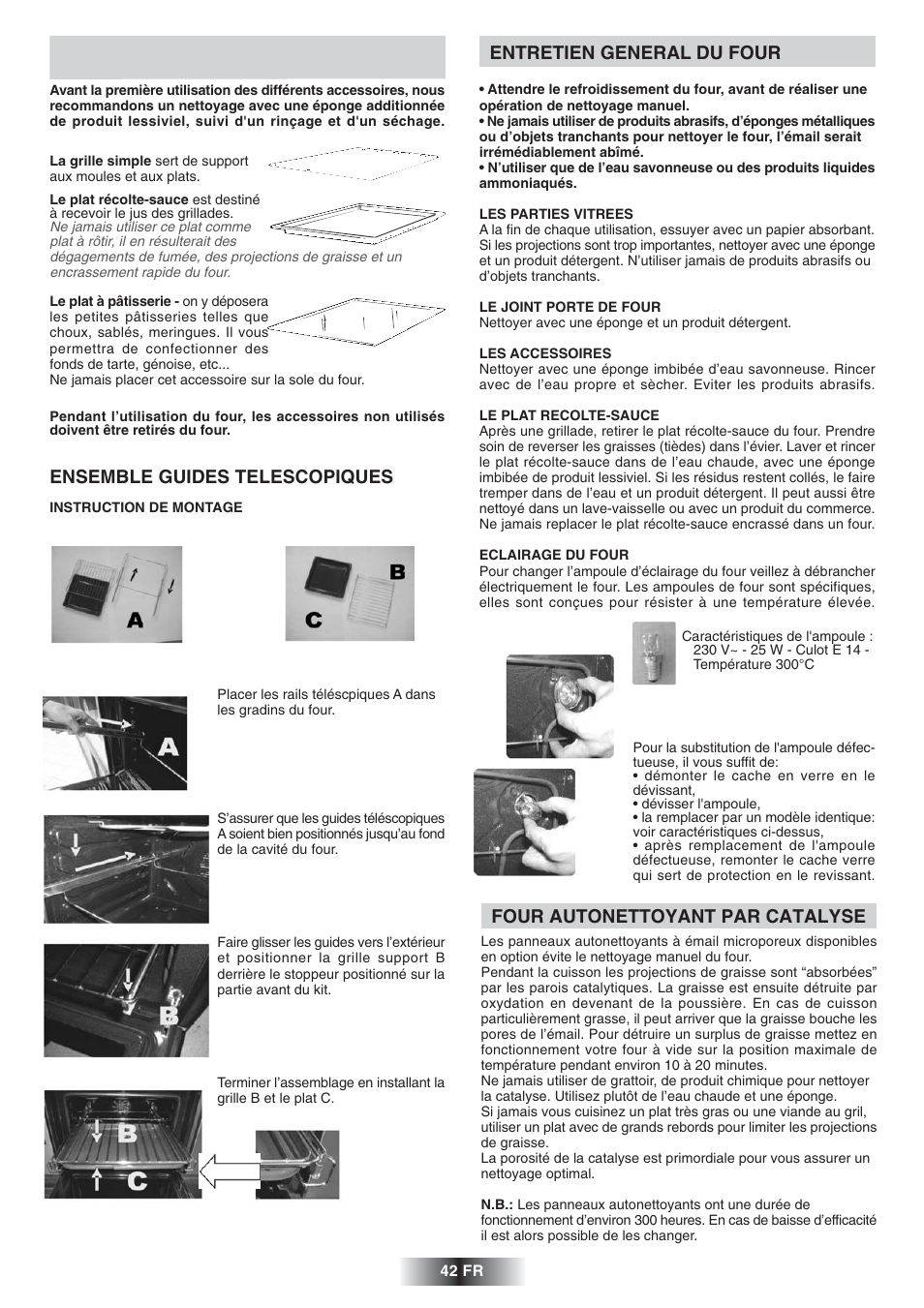 Equipement du four, Ensemble guides telescopiques, Entretien general du four | Four autonettoyant par catalyse | Candy FS 828 ZEN User Manual | Page 43 / 58