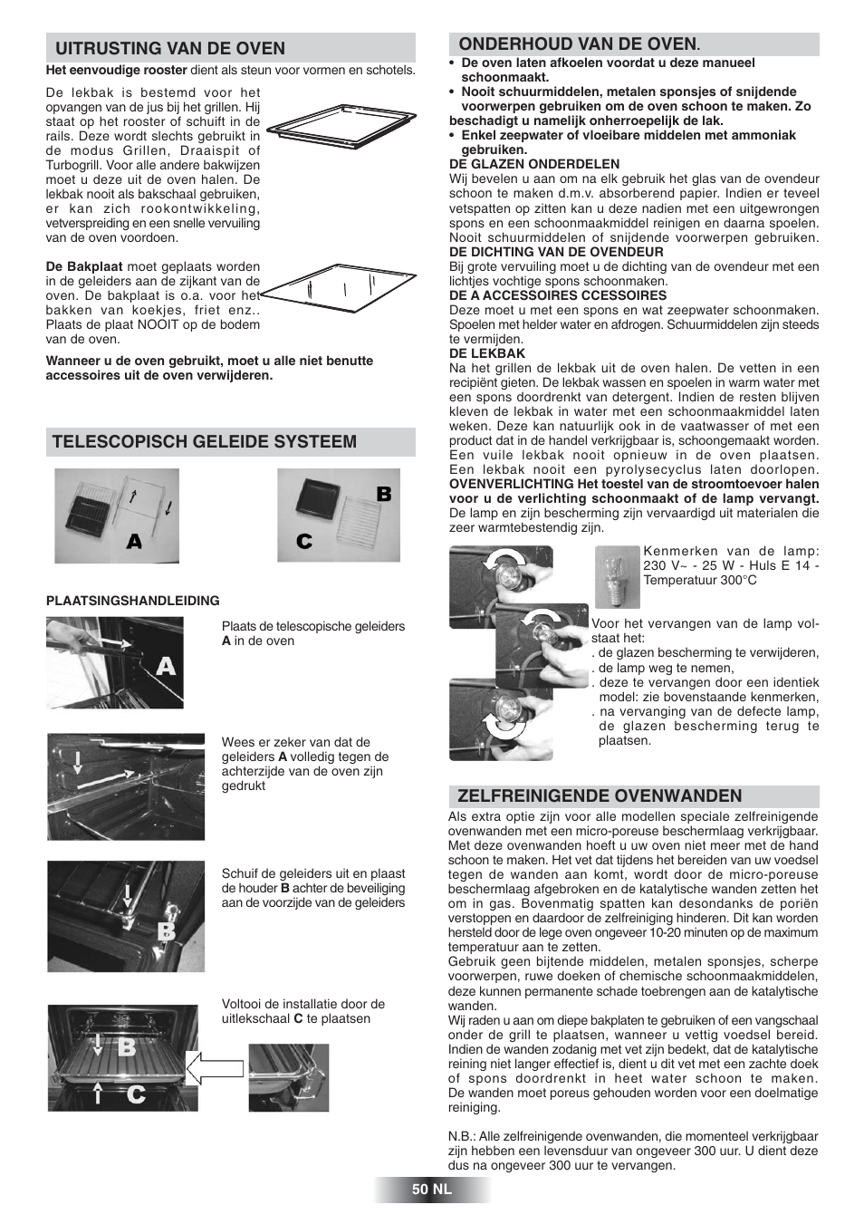 Onderhoud van de oven, Zelfreinigende ovenwanden, Uitrusting van de oven | Telescopisch geleide systeem | Candy FS 828 ZEN User Manual | Page 51 / 58