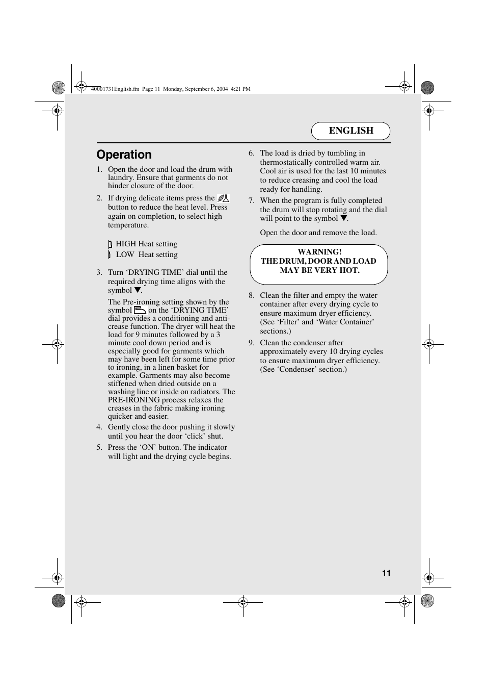 Operation, English | Candy AB CDC 179X- 88 User Manual | Page 11 / 44