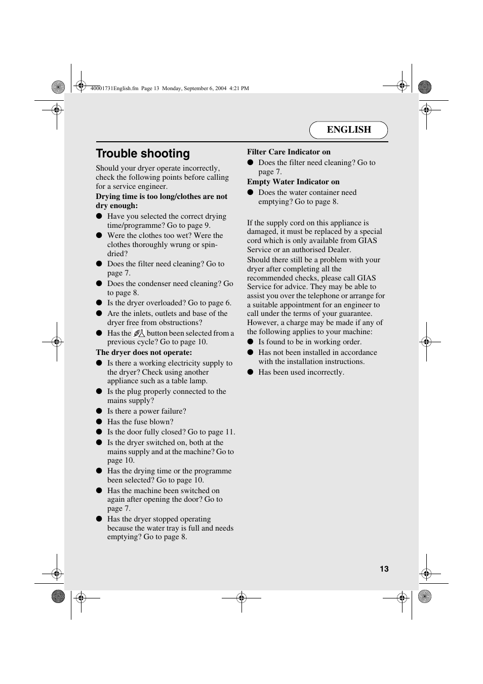 Trouble shooting, English | Candy AB CDC 179X- 88 User Manual | Page 13 / 44