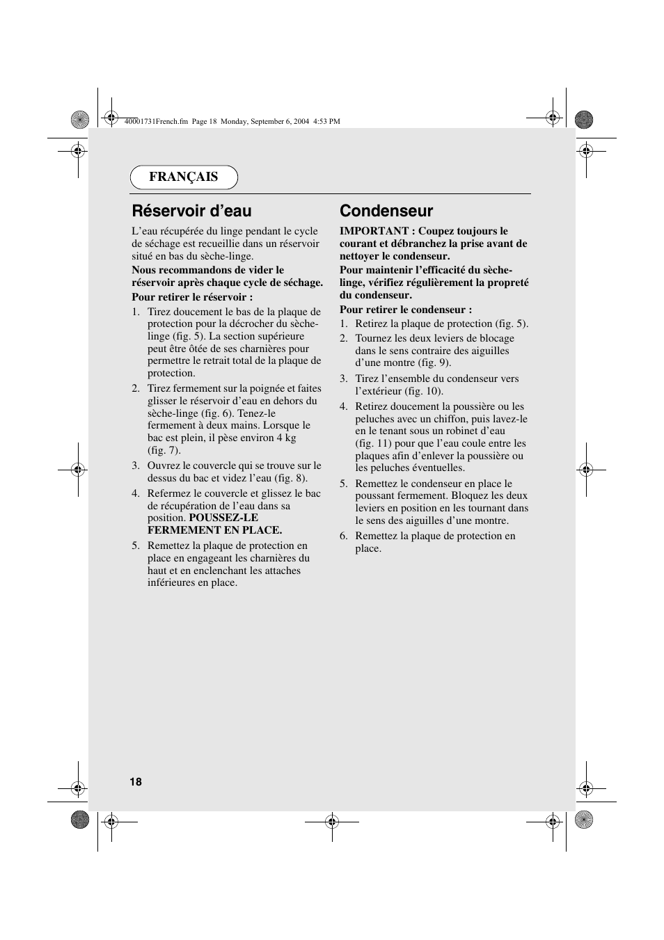 Réservoir d’eau, Condenseur | Candy AB CDC 179X- 88 User Manual | Page 18 / 44