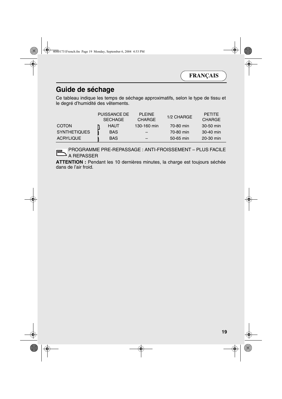 Guide de séchage, Français | Candy AB CDC 179X- 88 User Manual | Page 19 / 44