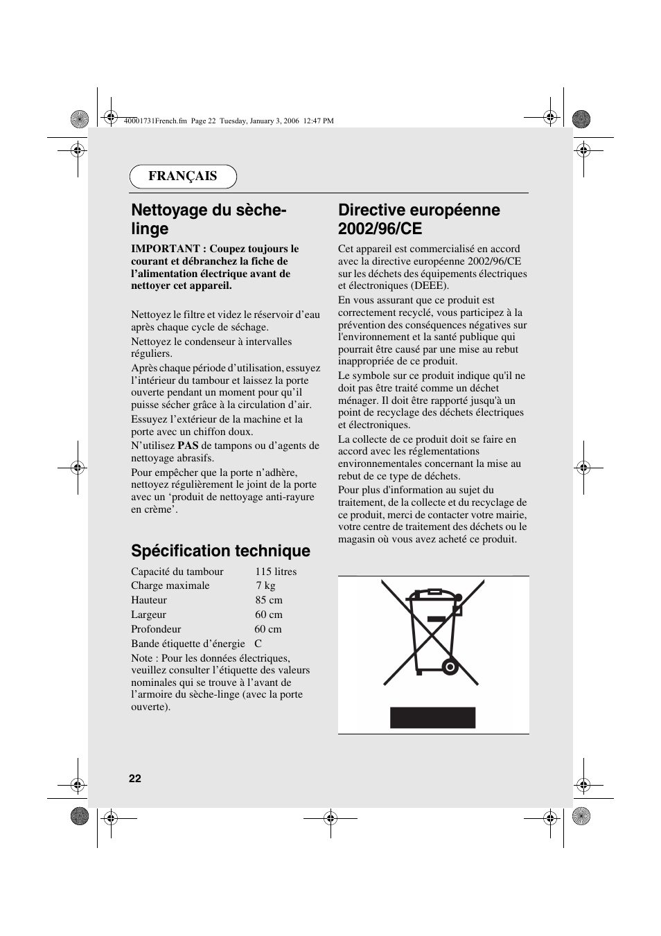 Nettoyage du sèche- linge, Spécification technique | Candy AB CDC 179X- 88 User Manual | Page 22 / 44