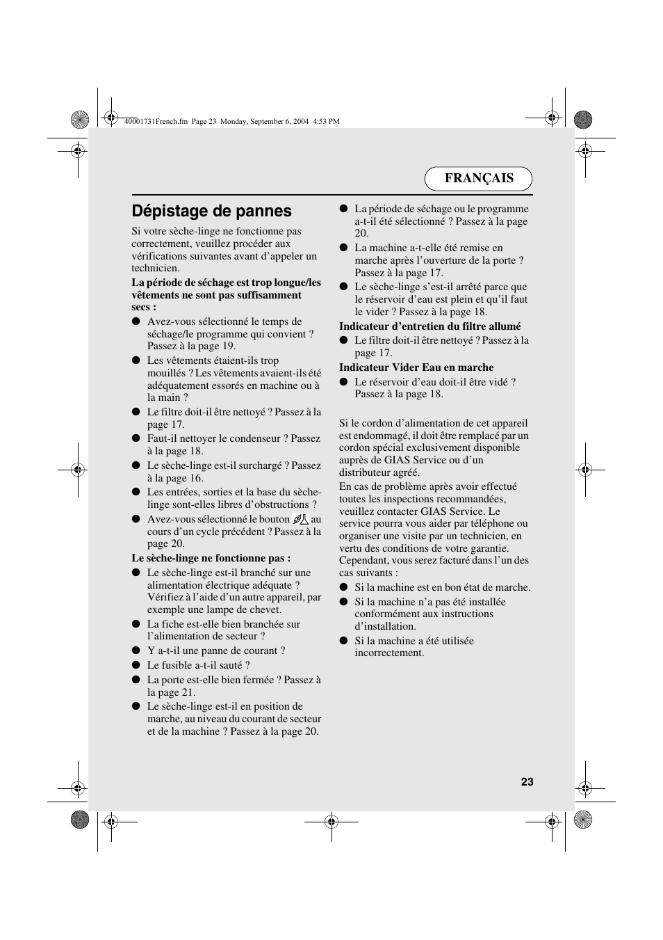 Dépistage de pannes, Français | Candy AB CDC 179X- 88 User Manual | Page 23 / 44