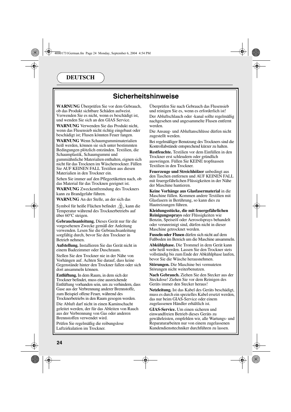 Sicherheitshinweise, Deutsch | Candy AB CDC 179X- 88 User Manual | Page 24 / 44