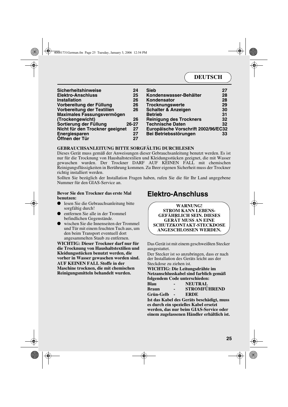 Elektro-anschluss, Deutsch | Candy AB CDC 179X- 88 User Manual | Page 25 / 44