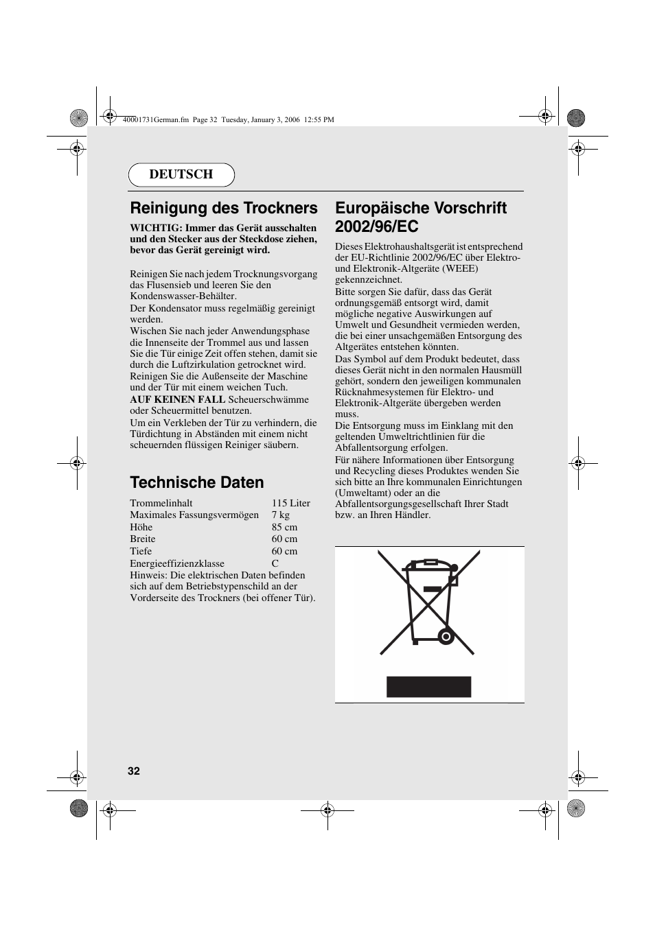 Reinigung des trockners, Technische daten | Candy AB CDC 179X- 88 User Manual | Page 32 / 44