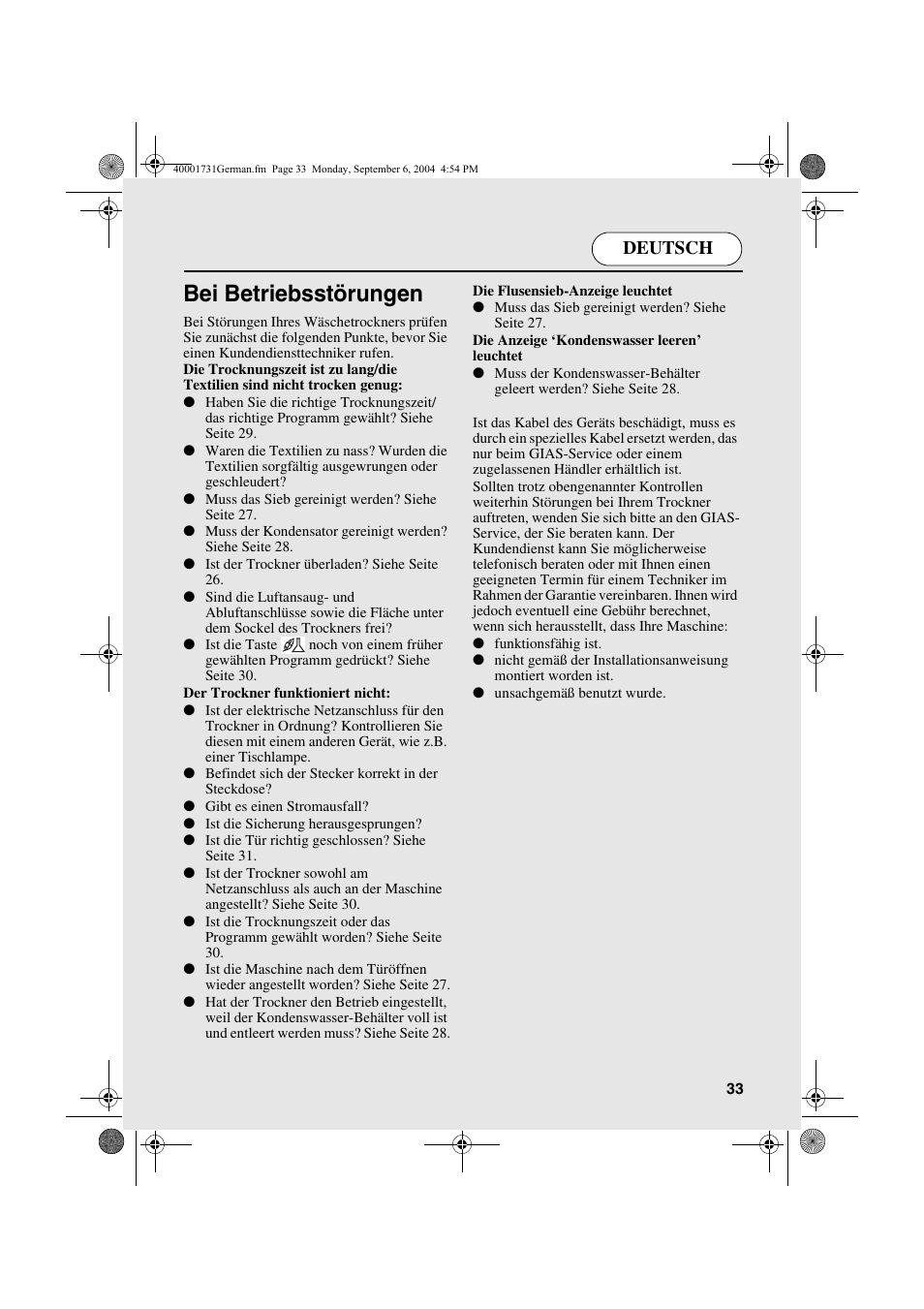 Bei betriebsstörungen, Deutsch | Candy AB CDC 179X- 88 User Manual | Page 33 / 44