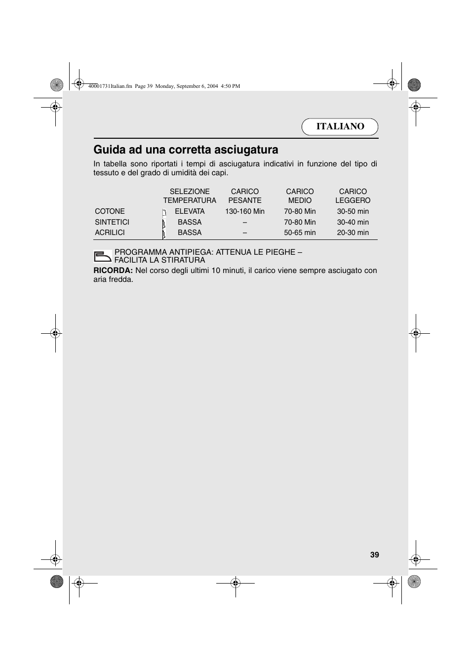 Guida ad una corretta asciugatura, Italiano | Candy AB CDC 179X- 88 User Manual | Page 39 / 44