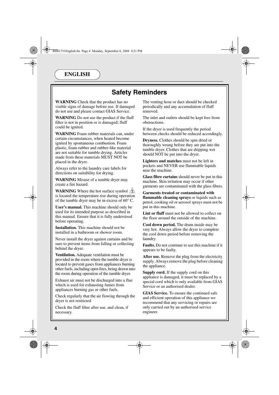Safety reminders, English | Candy AB CDC 179X- 88 User Manual | Page 4 / 44