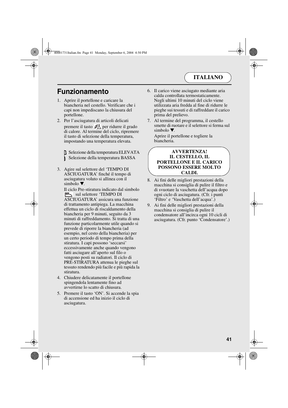 Funzionamento, Italiano | Candy AB CDC 179X- 88 User Manual | Page 41 / 44