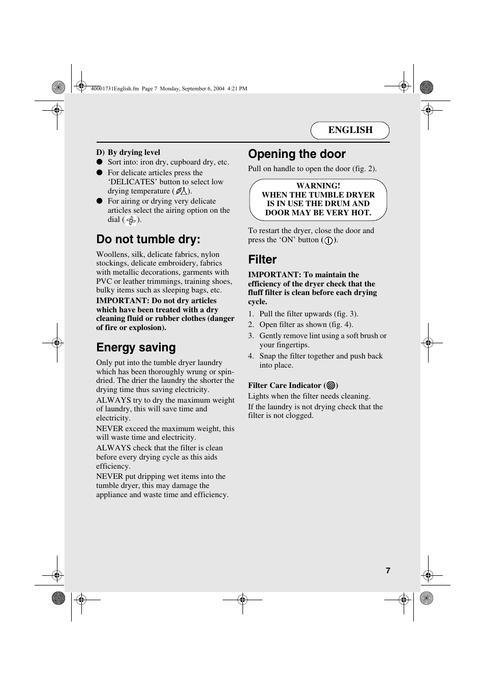 Do not tumble dry, Energy saving, Opening the door | Filter | Candy AB CDC 179X- 88 User Manual | Page 7 / 44