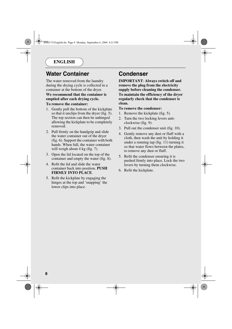 Water container, Condenser | Candy AB CDC 179X- 88 User Manual | Page 8 / 44