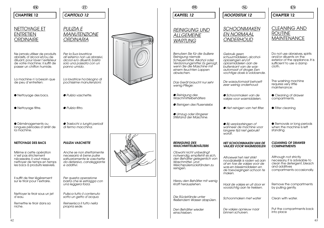 Cleaning and routine maintenance, Schoonmaken en normaal onderhoud, Pulizia e manutenzione ordinaria | Nettoyage et entretien ordinaire, Reinigung und allgemeine wartung | Candy CBL 130 User Manual | Page 32 / 37