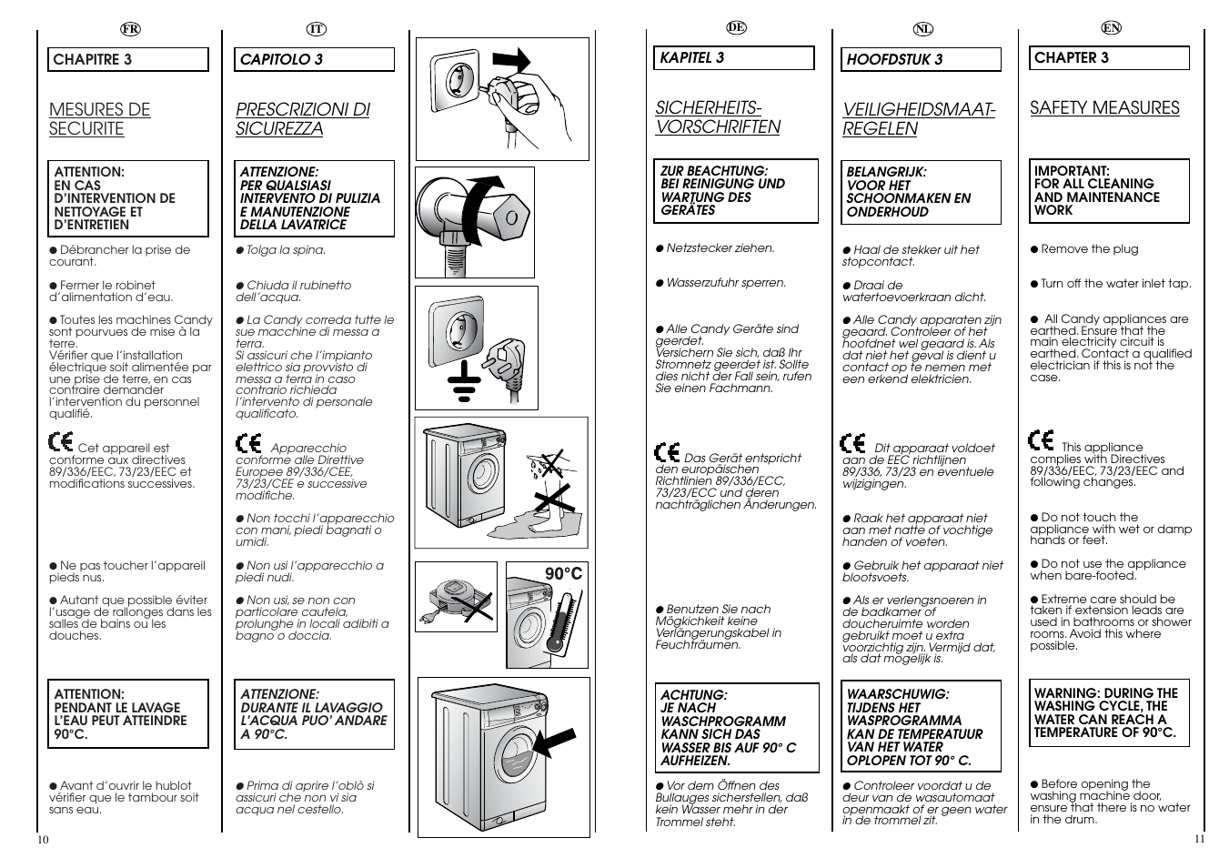 Safety measures, Prescrizioni di sicurezza, Mesures de securite | Veiligheidsmaat- regelen, Sicherheits- vorschriften | Candy CBL 130 User Manual | Page 6 / 37