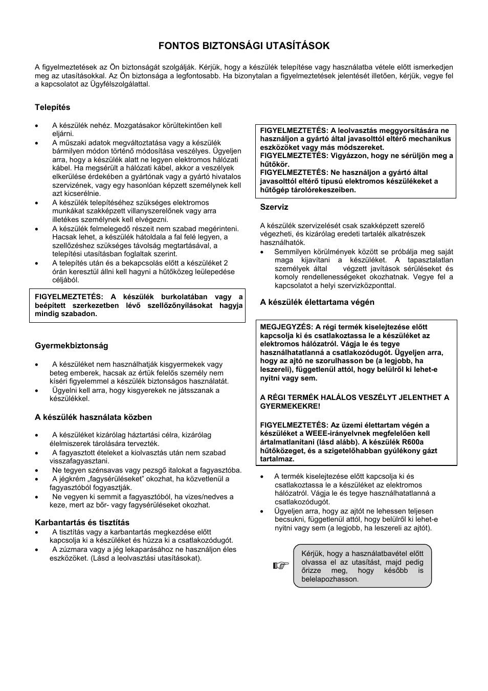 Fontos biztonsági utasítások | Candy CFU 1950 E User Manual | Page 25 / 91