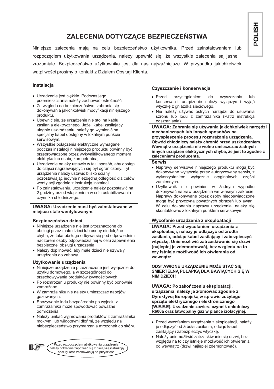 Zalecenia dotyczące bezpieczeństwa, Po li s h | Candy CFU 1950 E User Manual | Page 76 / 91