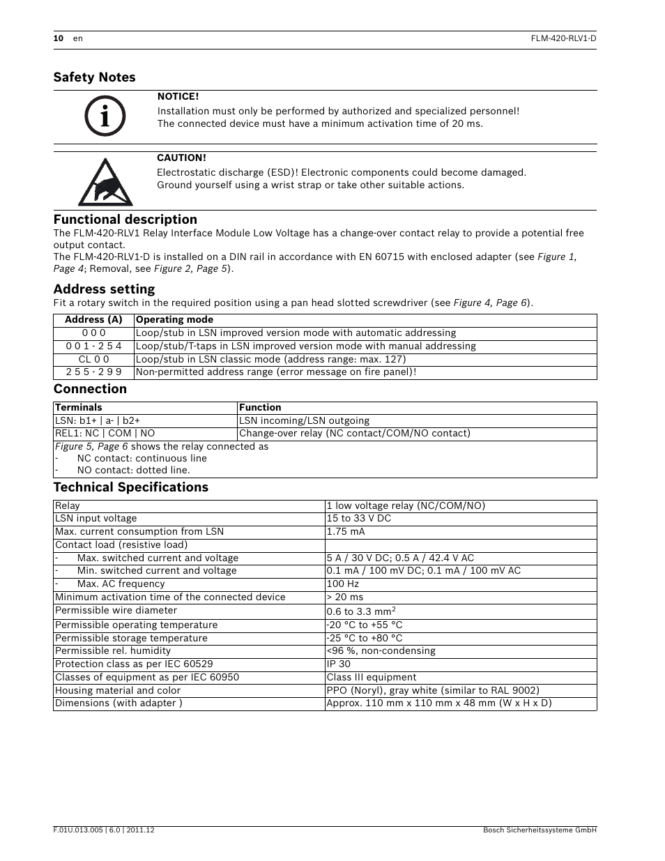 Safety notes, Functional description, Address setting | Connection, Technical specifications, On guide, Connection technical specifications | Bosch FLM-420-RLV1 Relay Interface Modules Low Voltage User Manual | Page 10 / 24