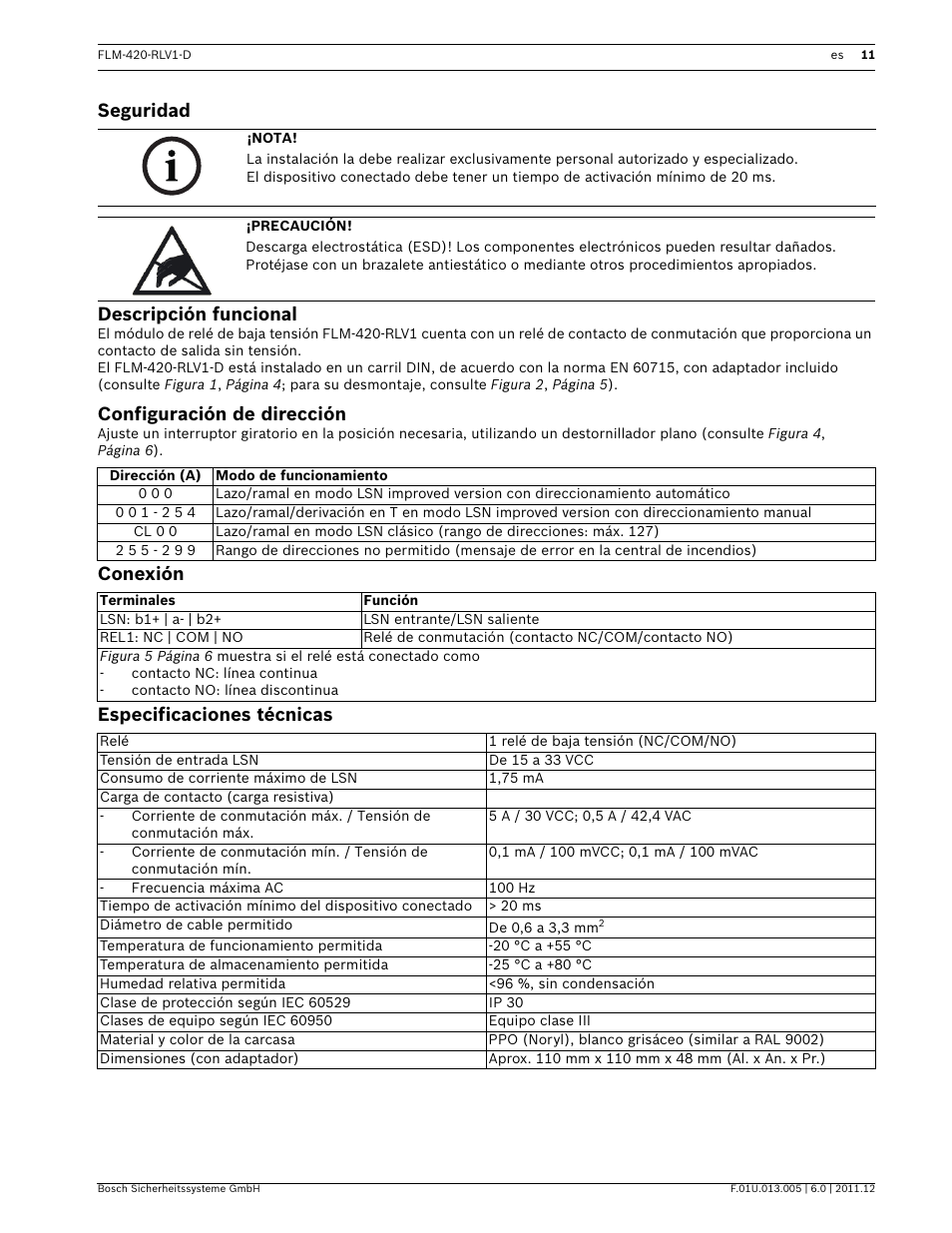 Seguridad, Descripción funcional, Configuración de dirección | Conexión, Especificaciones técnicas, Guía de instalación, Seguridad descripción funcional, Conexión especificaciones técnicas | Bosch FLM-420-RLV1 Relay Interface Modules Low Voltage User Manual | Page 11 / 24