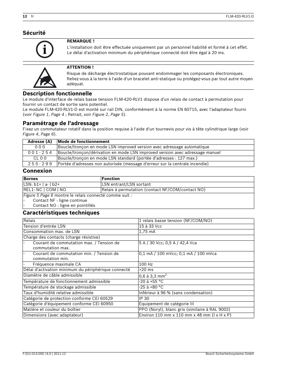 Sécurité, Description fonctionnelle, Paramétrage de l'adressage | Connexion, Caractéristiques techniques, Sécurité description fonctionnelle, Connexion caractéristiques techniques | Bosch FLM-420-RLV1 Relay Interface Modules Low Voltage User Manual | Page 12 / 24