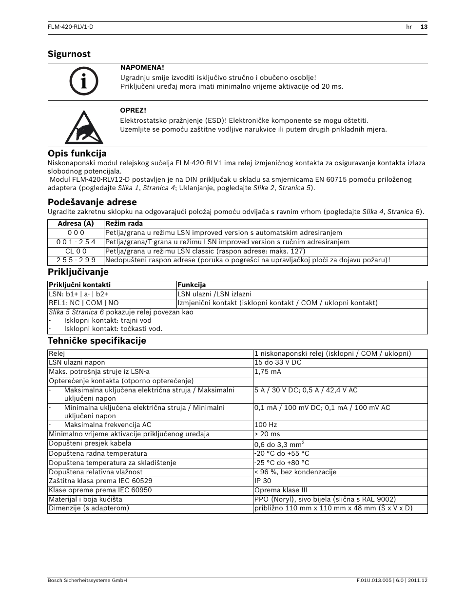 Sigurnost, Opis funkcija, Podešavanje adrese | Priključivanje, Tehničke specifikacije, Sigurnost opis funkcija, Priključivanje tehničke specifikacije | Bosch FLM-420-RLV1 Relay Interface Modules Low Voltage User Manual | Page 13 / 24