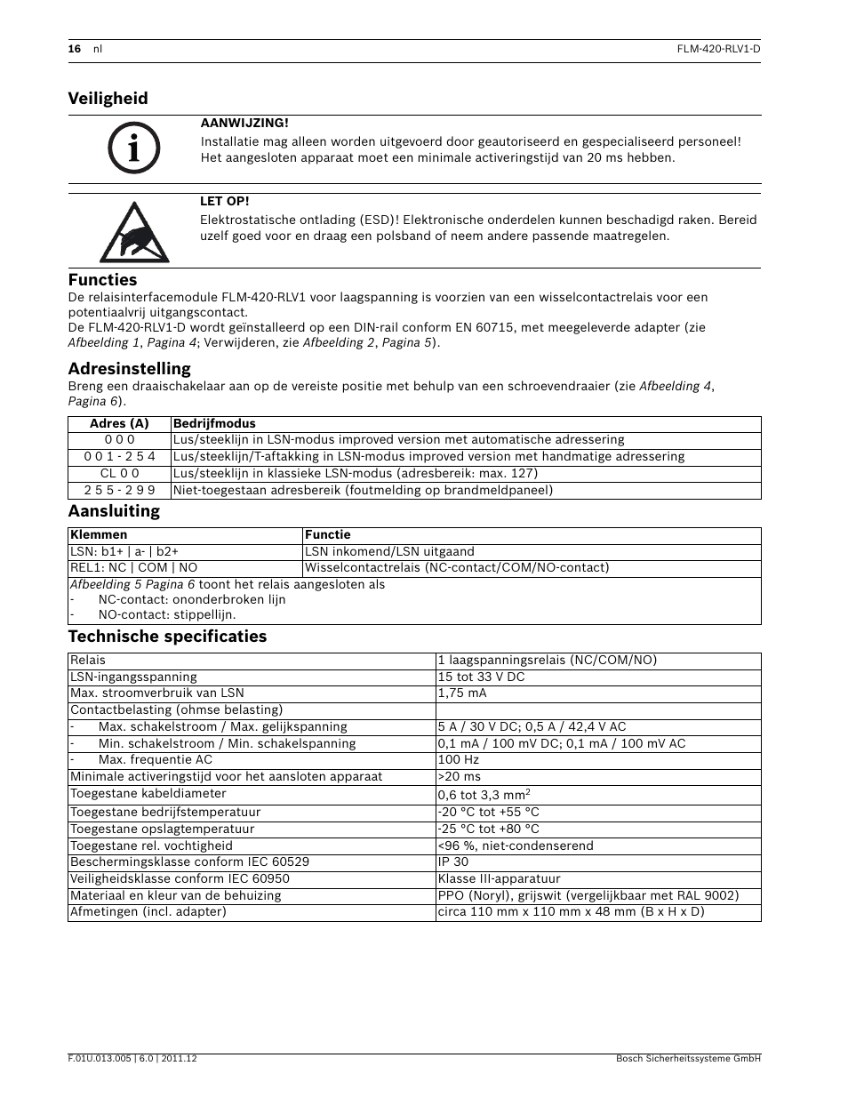 Veiligheid, Functies, Adresinstelling | Aansluiting, Technische specificaties, Veiligheid functies, Aansluiting technische specificaties | Bosch FLM-420-RLV1 Relay Interface Modules Low Voltage User Manual | Page 16 / 24