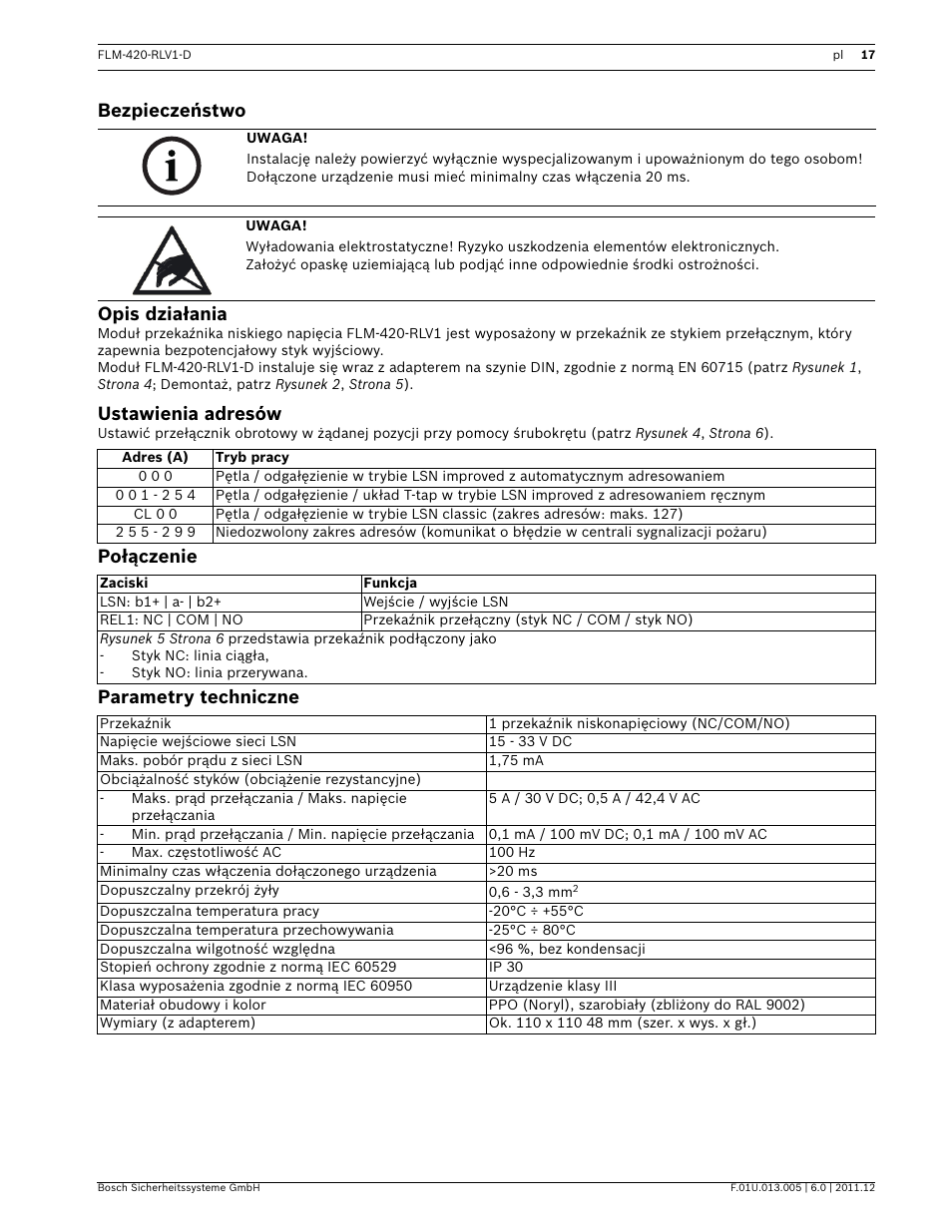 Bezpieczeństwo, Opis działania, Ustawienia adresów | Połączenie, Parametry techniczne, Bezpieczeństwo opis działania, Połączenie parametry techniczne | Bosch FLM-420-RLV1 Relay Interface Modules Low Voltage User Manual | Page 17 / 24