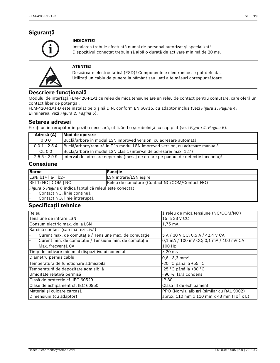 Siguranţă, Descriere funcţională, Setarea adresei | Conexiune, Specificaţii tehnice, Siguranţă descriere funcţională, Conexiune specificaţii tehnice | Bosch FLM-420-RLV1 Relay Interface Modules Low Voltage User Manual | Page 19 / 24