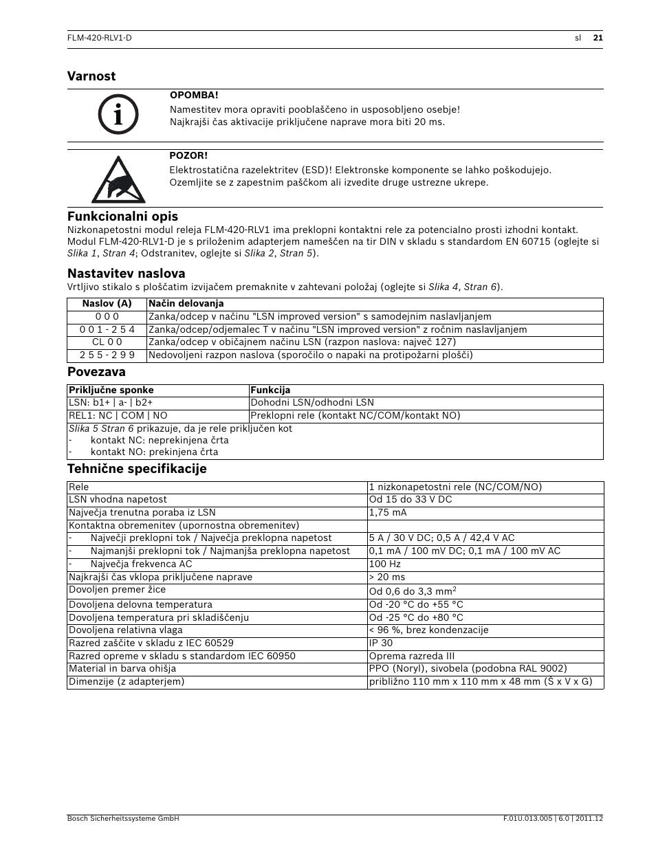 Varnost, Funkcionalni opis, Nastavitev naslova | Povezava, Tehnične specifikacije, Mestitev, Varnost funkcionalni opis, Povezava tehnične specifikacije | Bosch FLM-420-RLV1 Relay Interface Modules Low Voltage User Manual | Page 21 / 24