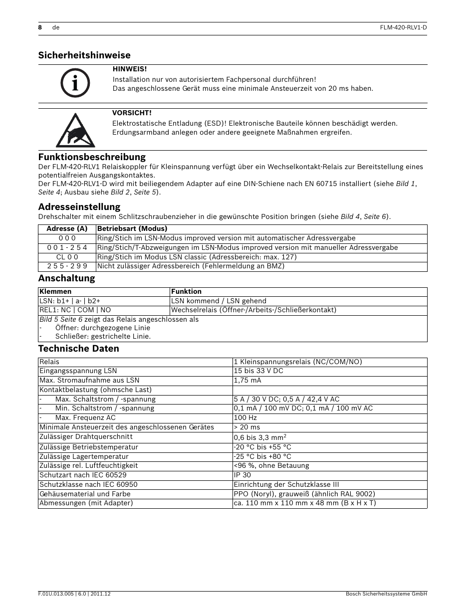 Sicherheitshinweise, Funktionsbeschreibung, Adresseinstellung | Anschaltung, Technische daten, Onsanleitung, Sicherheitshinweise funktionsbeschreibung, Anschaltung technische daten | Bosch FLM-420-RLV1 Relay Interface Modules Low Voltage User Manual | Page 8 / 24