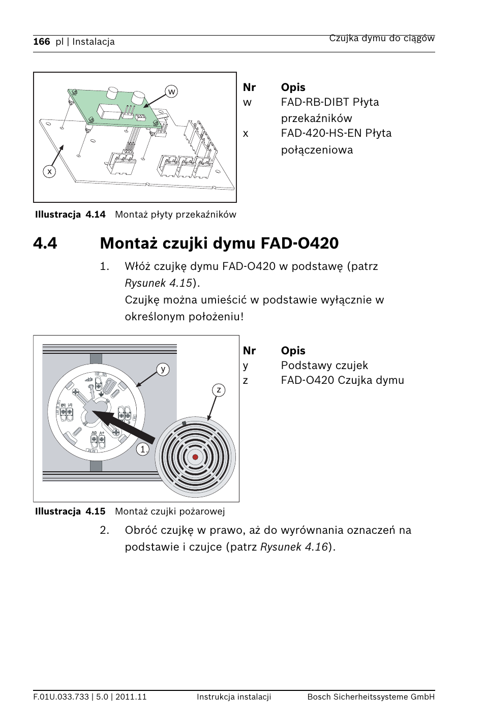 4 montaż czujki dymu fad-o420 | Bosch FAD-420-HS-EN Duct Smoke Detector User Manual | Page 166 / 224