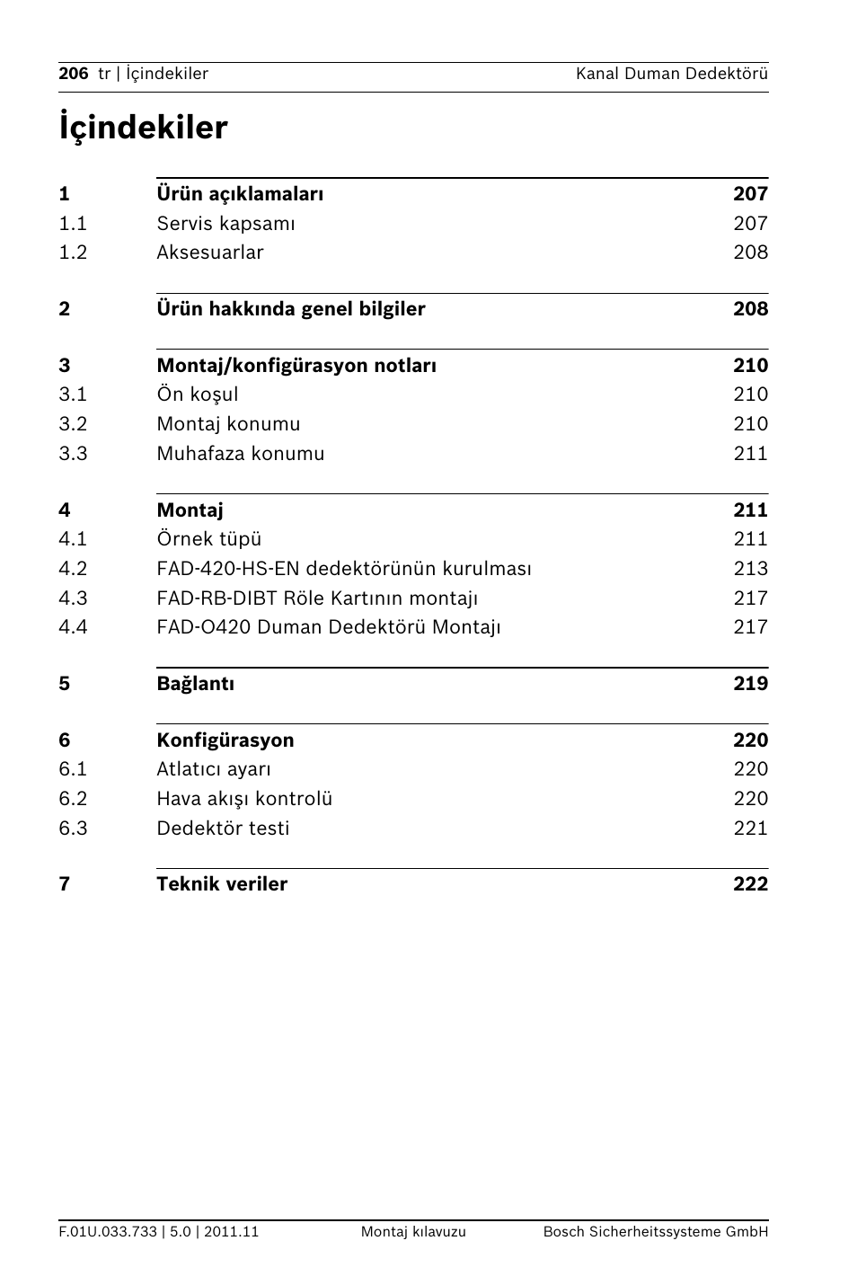 Içindekiler, Lavuzu | Bosch FAD-420-HS-EN Duct Smoke Detector User Manual | Page 206 / 224