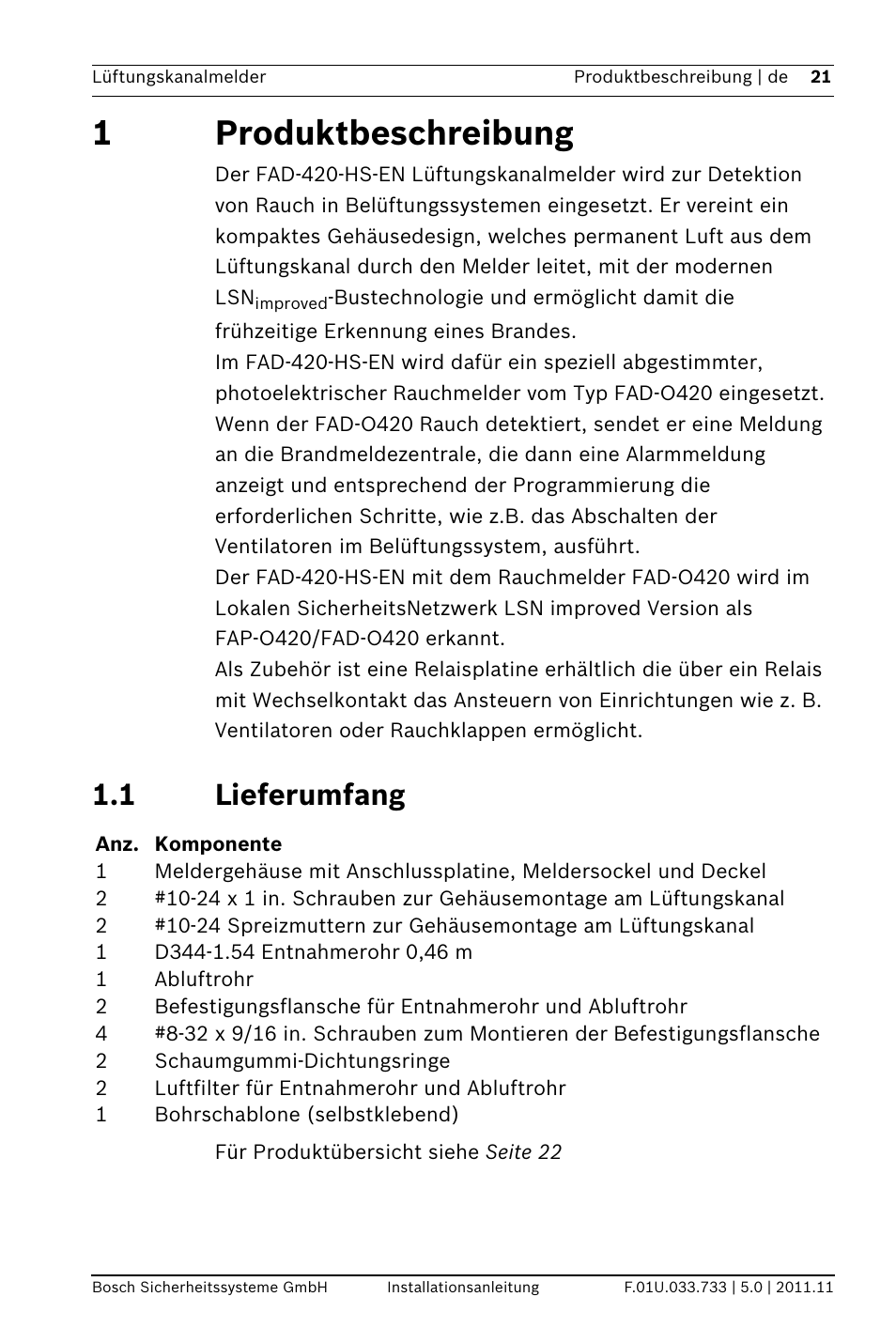 1 produktbeschreibung, 1 lieferumfang, Reibung | 1produktbeschreibung | Bosch FAD-420-HS-EN Duct Smoke Detector User Manual | Page 21 / 224