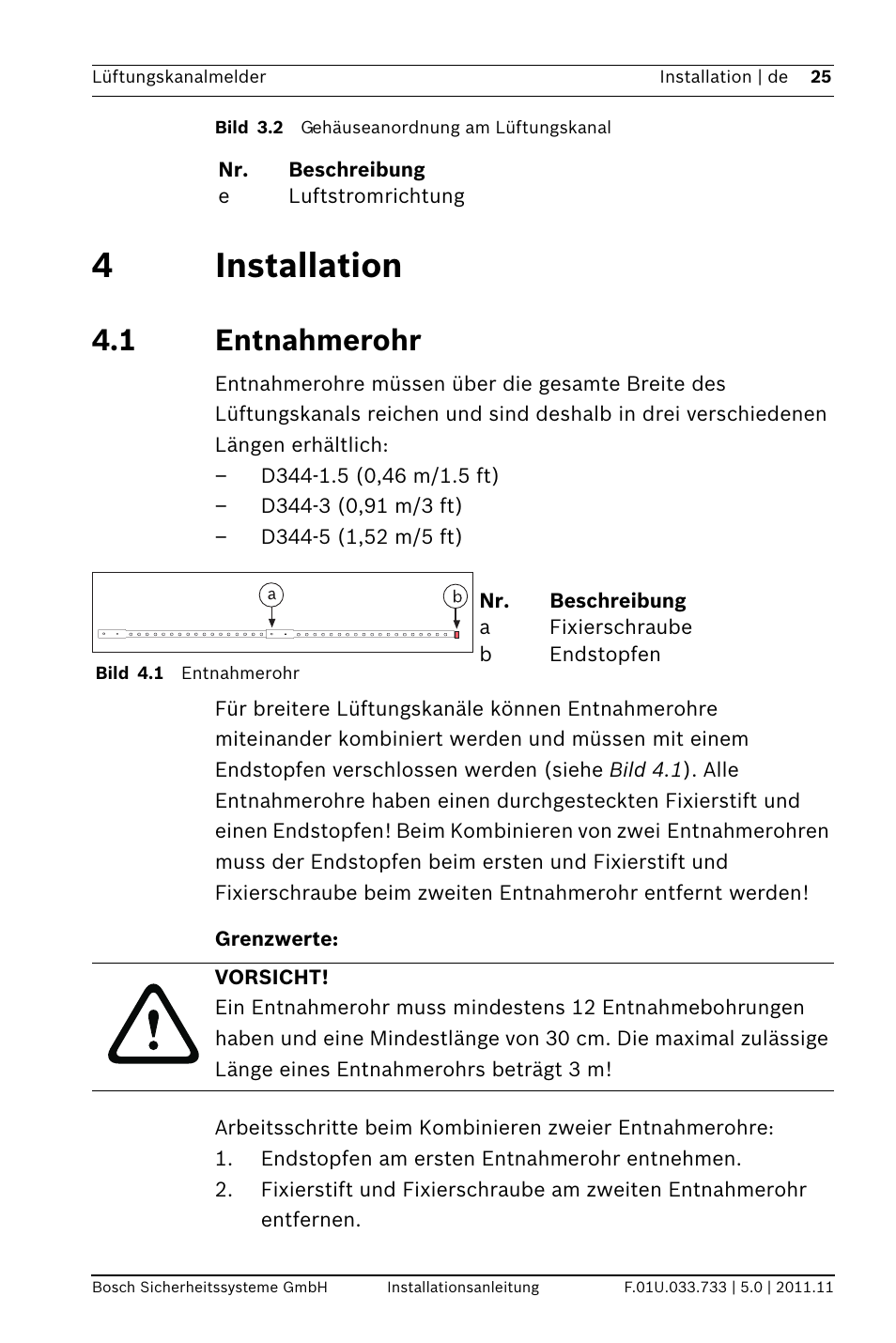 4 installation, 1 entnahmerohr, Grenzwerte | Tion, 4installation | Bosch FAD-420-HS-EN Duct Smoke Detector User Manual | Page 25 / 224