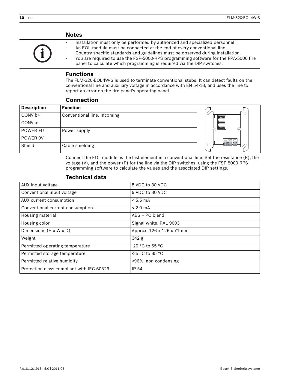 Notes, Functions, Connection | Technical data | Bosch FLM-320-EOL4W-S Conventional EOL Module 4-Wire User Manual | Page 10 / 24