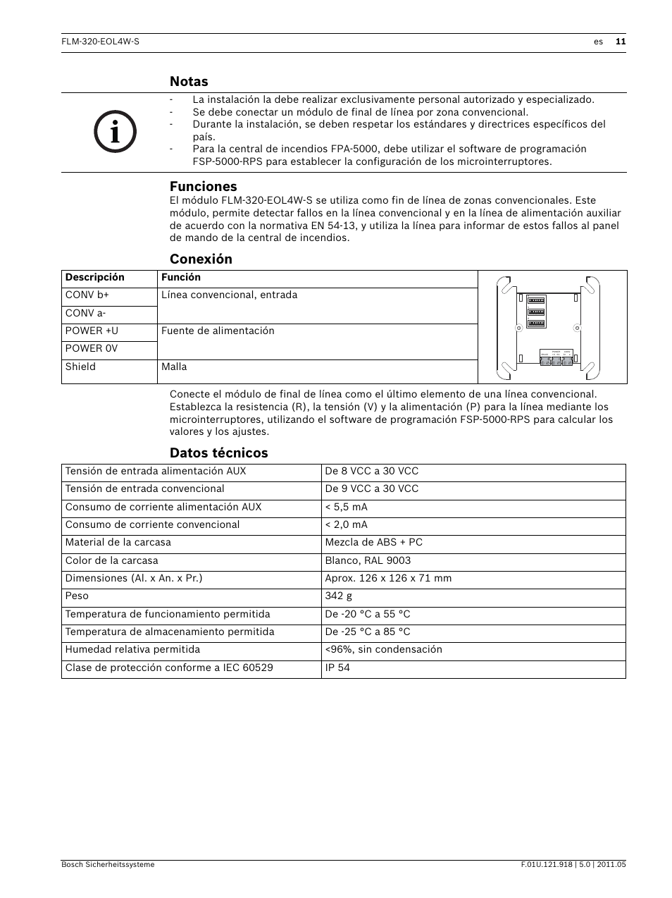 Notas, Funciones, Conexión | Datos técnicos, Notas funciones | Bosch FLM-320-EOL4W-S Conventional EOL Module 4-Wire User Manual | Page 11 / 24