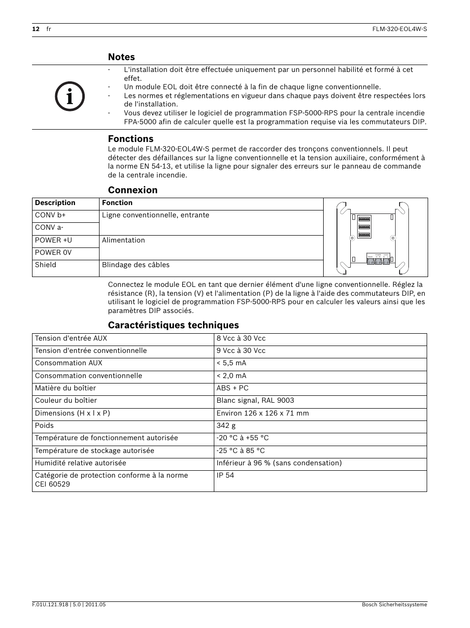 Notes, Fonctions, Connexion | Caractéristiques techniques | Bosch FLM-320-EOL4W-S Conventional EOL Module 4-Wire User Manual | Page 12 / 24