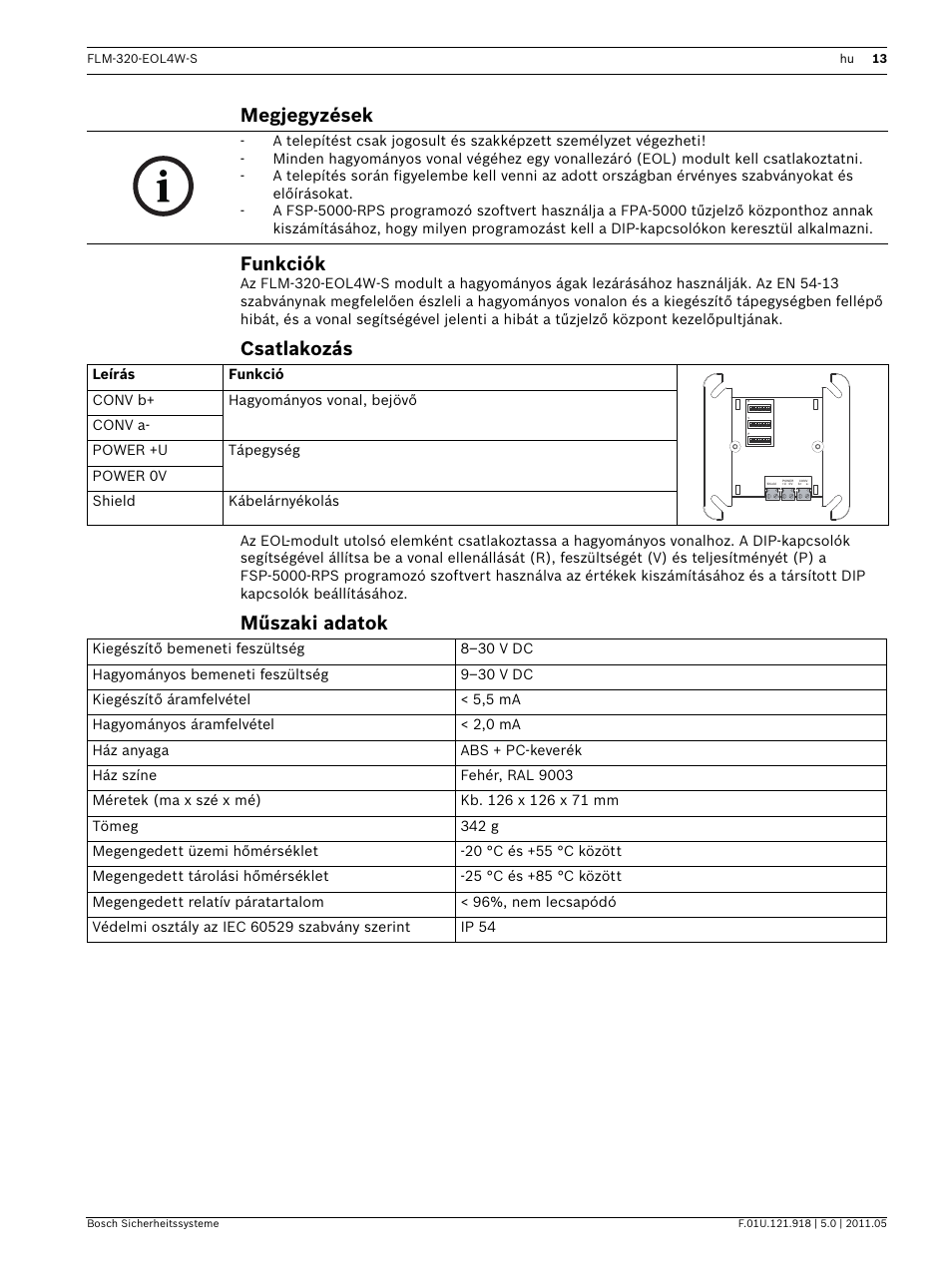 Megjegyzések, Funkciók, Csatlakozás | Műszaki adatok, Telepítési útmutató, Megjegyzések funkciók | Bosch FLM-320-EOL4W-S Conventional EOL Module 4-Wire User Manual | Page 13 / 24