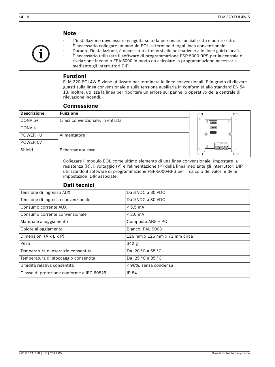 Note, Funzioni, Connessione | Dati tecnici | Bosch FLM-320-EOL4W-S Conventional EOL Module 4-Wire User Manual | Page 14 / 24