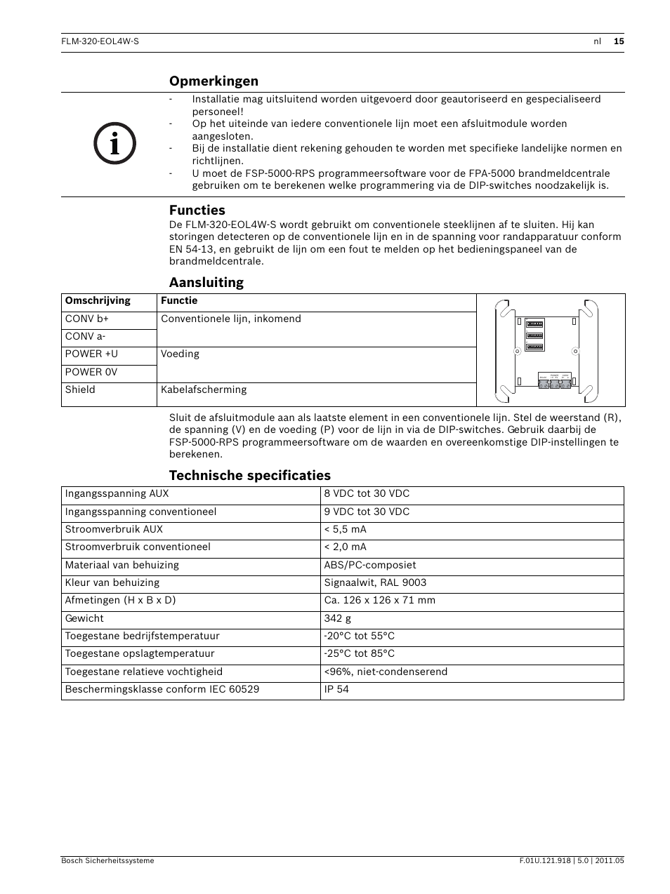 Opmerkingen, Functies, Aansluiting | Technische specificaties, Opmerkingen functies | Bosch FLM-320-EOL4W-S Conventional EOL Module 4-Wire User Manual | Page 15 / 24